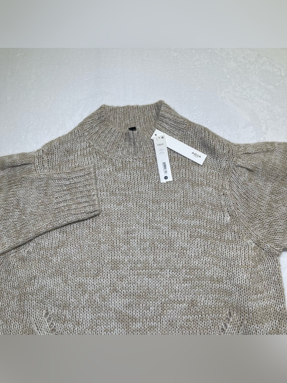 AQUA Curve NWT Beige Marled Chunky Knit Mock Neck Puff Sleeve Sweater 1X